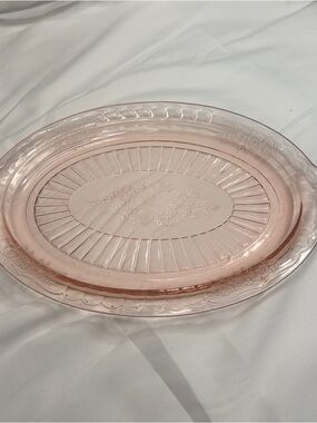 Vintage Pink Depression Glass Platter Jeannette Floral Poinsettia Oval Tray 13”
